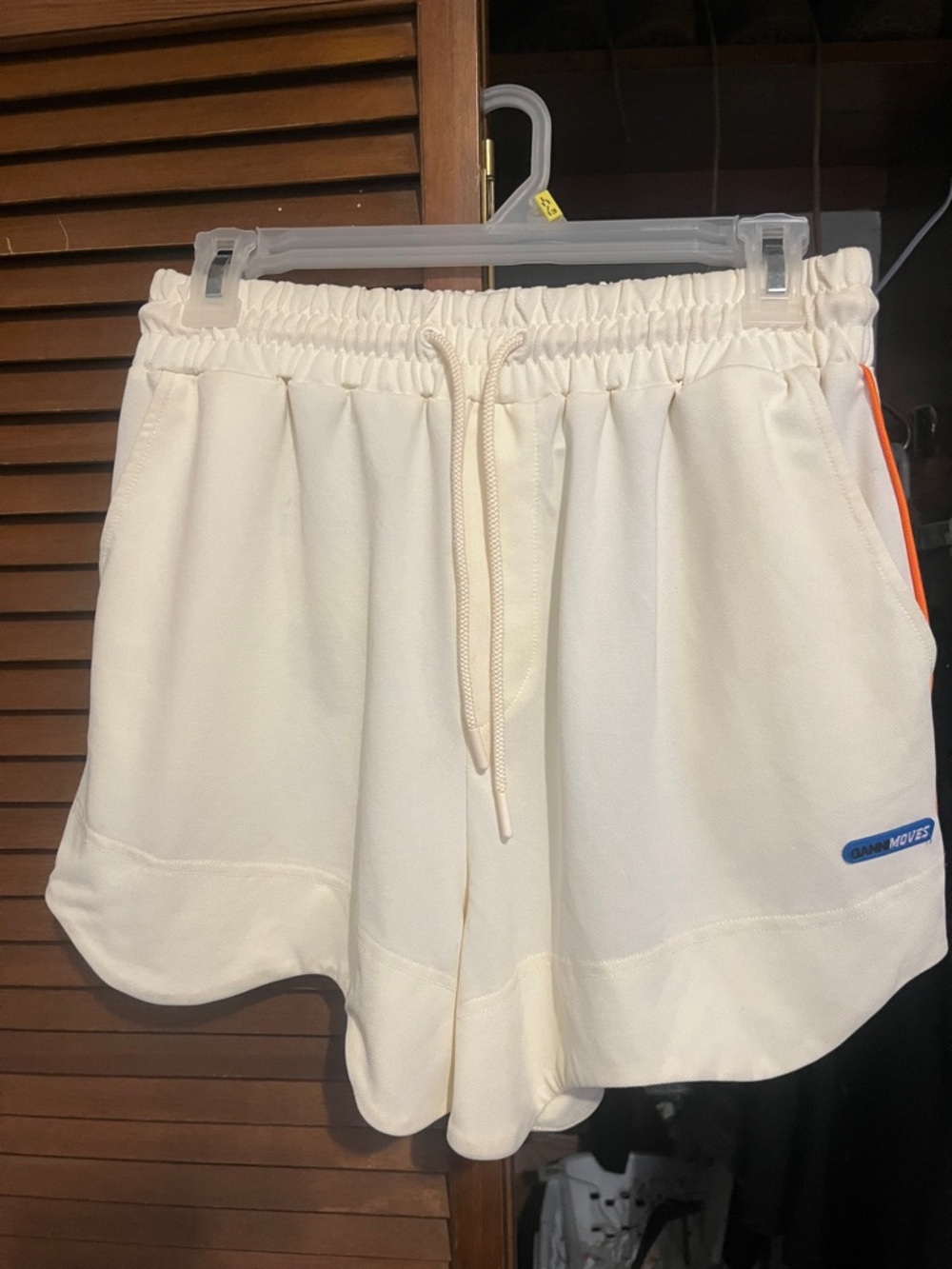 Ganni Small Tech Shorts Cream Drawstring Wave trim detail orange piping
